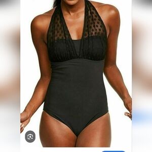 NWT Figleaves Underwire Black Shaping Halter One-Piece Swimsuit 34FF